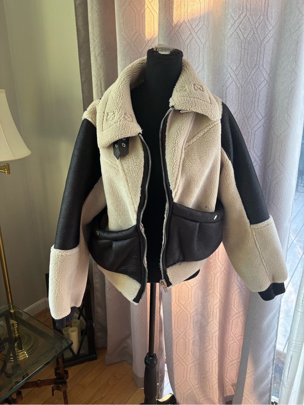Blank NYC Cream & Black Teddy Aviator Jacket - Picture 3 of 12